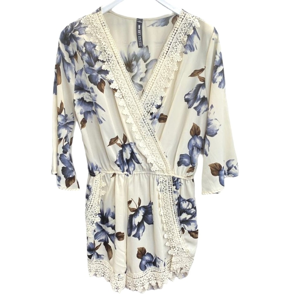 Design Lab Romper Womens L Cream Blue Floral Crochet Lace Trim Boho Wrap Front